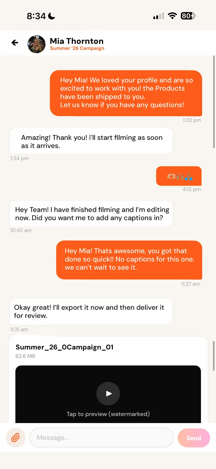 A Briefd chat where a creator confirms the work and delivers the finished content to the brand for review