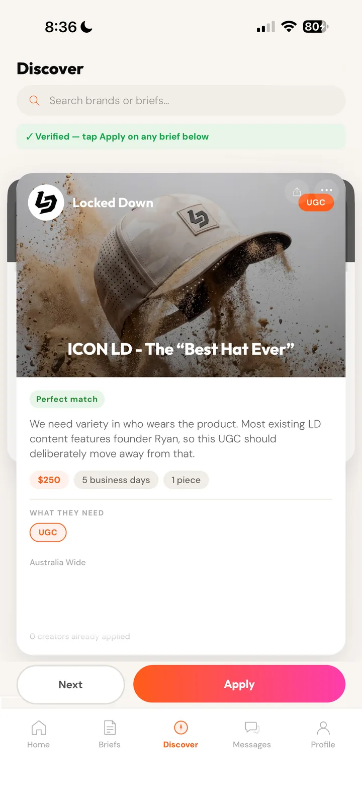 The Briefd Discover screen: a UGC brief from Locked Down for $250 with Apply and Next buttons